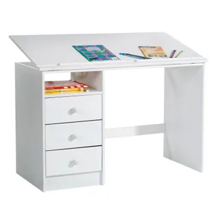 Bureau Enfant Kevin, En Pin Massif, 3 Tiroirs Et Plateau Inclinable, Lasuré Blanc