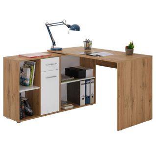 Bureau D'angle Carmen Avec Meuble De Rangement, Décor Chêne Sauvage Et Blanc Mat