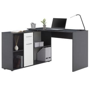 Bureau D'angle Carmen Avec Meuble De Rangement, Décor Béton Foncé Et Blanc Mat