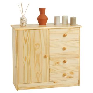 Commode Rondo En Pin Massif, 4 Tiroirs Et 1 Porte, Vernis Naturel