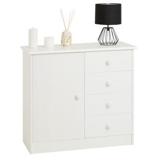 Commode Rondo En Pin Massif, 4 Tiroirs Et 1 Porte, Lasuré Blanc