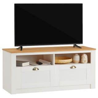 Meuble TV Bolton 2 Tiroirs Et 2 Niches, En Pin Massif Blanc Et Brun