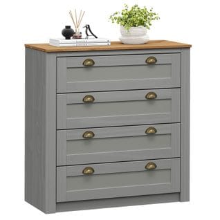 Commode Bolton Avec 4 Tiroirs, En Pin Massif Lasuré Gris Et Brun