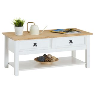 Table Basse Tequila Style Mexicain Avec 2 Tiroirs, En Pin Massif Blanc Et Brun