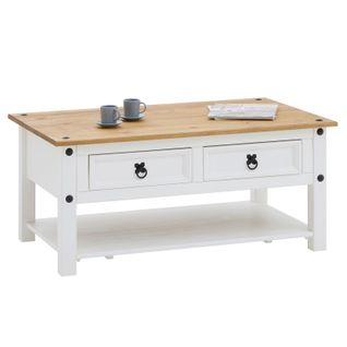 Table Basse Campo Avec 2 Tiroirs Et 1 Étagère, En Pin Massif Blanc Et Brun