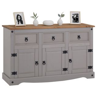 Buffet Ramon Avec 3 Tiroirs Et 3 Portes, Style Mexicain En Pin Massif Gris Et Brun