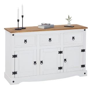 Buffet Campo Avec 3 Tiroirs Et 3 Portes, Style Mexicain En Pin Massif Blanc Et Brun