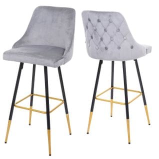 2x Tabouret De Bar Hwc-e70 Velours Gris Pieds Dorés