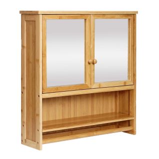 Armoire De Toilette Hwc-b18 3 Étagères 2 Portes Miroir Bambou 62x66x15cm