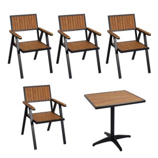 Set de 4 chaises de jardin + table de jardin HWC-J95 alu aspect bois noir, teck