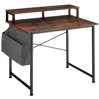 Table De Bureau Avec Étagère De Rangement Et Poche En Tissu - Bois Foncé Industriel, Rustique