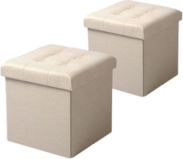 Lot De 2 Tabouret Pouf Coffre De Rangement Pliable En Lin-37.5x37.5x38cm Crème