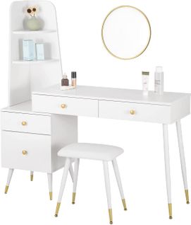 Table Coiffeuse Avec Tabouret Miroir,4 Tiroirs.ajustable.grand Plateau 100x38cm.blanc