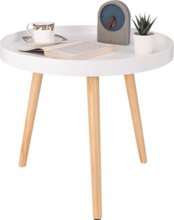 Table Ronde En Bois Massif - Table De Salon Moderne - Blanche Chêne - 50x44 Cm