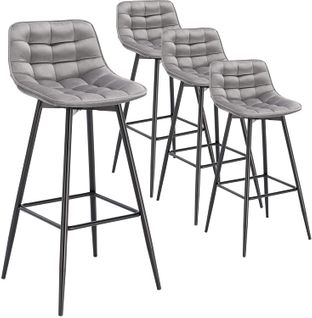 4x Tabouret De Bar Chaise De Bar  En Velours Avec Pieds Et Repose-pieds En Métal Gris Clair