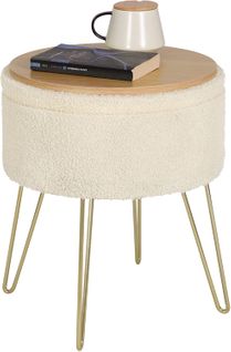 Pouf De Rangement Rond-tabouret Coiffeuse-siège En Molleton Polaire Avec Couvercle-beige