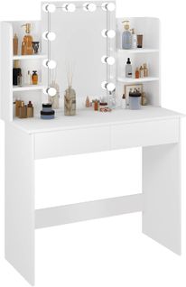 Coiffeuse Avec Miroir LED À Luminosité Réglable, Table De Maquillage, 40 X 90 X 135cm, Blanc