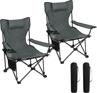 Chaise De Camping Lot De 2 - Fauteuil De Pêche Avec Appui-tête - Sac De Transport - Gris