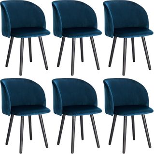 6x Chaises De Salle à Manger,chaise De Cuisine Rembourrée En Velours,pieds En Bois Massif,bleu