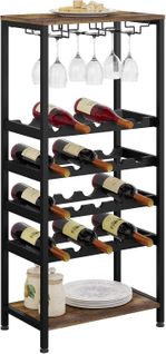 Casier à Vin,étagère à Bouteilles Avec 3 Supports En Verre Pour 6-9 Verres,marron Rustique+noir