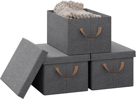 Lot De 3 Boîte De Rangement En Tissu Non Tissé,coffre De Rangement Avec Couvercle,38x27x20cm,gris