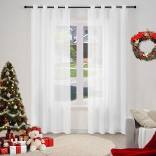 2 Pièce Rideau De Noël En Lin Souple Translucide,voilage De Fenêtre Avec Oeillets,135x245cm,blanc
