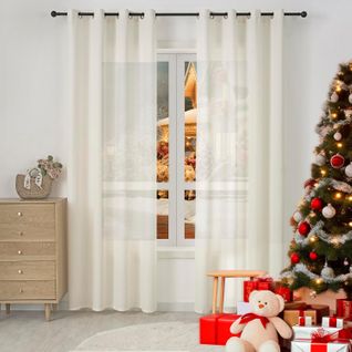 2 Pièce Rideau De Noël Translucide En Effet Lin,décoration De Fenêtre Avec Fronces,135x175cm,crème