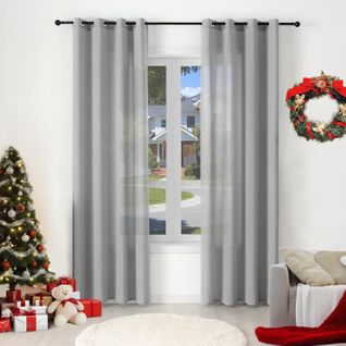 2 Pièce Rideau De Noël Translucide En Effet Lin,décoration De Fenêtre Avec Fronces,135x245cm,gris