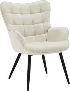 Fauteuil à Oreilles Rembourré En Velours Côtelé,fauteuil Relax Moderne,pieds En Métal,crème Blanc