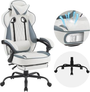 Fauteuil Gamer Pivotante,hauteur Réglable,chaise Bureau Avec Réssorts,en Tissu Leathaire,bleu+blanc