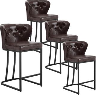 Lot De 4 Tabourets Bar,chaise Cuisine En Faux Cuir Ciré,avec Dossier+repose-pieds,marron Foncé