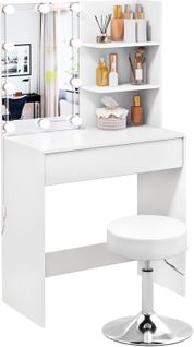 Coiffeuse Avec Miroir LED Réglable,meuble Chambre Avec Tabouret Rembourré,hauteur Réglable,blanc