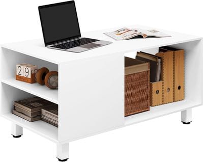 Table Basse Salon Avec Rangement,avec 2 Étagères Latérales,1 Compartiment Ouvert,90x50x45cm,blanc