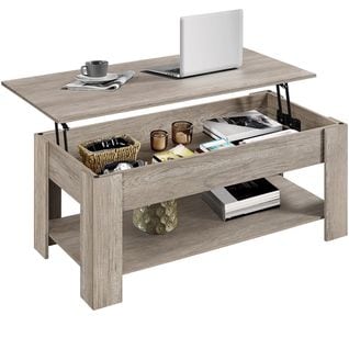 Table Basse À Plateau Relevable Avec Compartiment Caché Et Étagère De Rangement