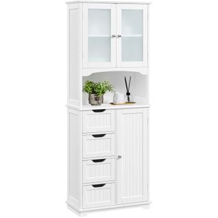 Armoire Colonne Salle De Bain Rangement Haute Blanc 4 Tiroirs Porte En Verre