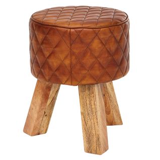 Pouf Cuir Véritable 35x46x35 Cm Pouf Tabouret Rond En Cuir Bois Massif