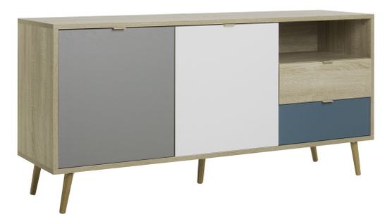 Buffet Bas - Chene, Gris Et Bleu Pétrole - Scandinave - Cuba - L 150 X P 40 X H 71 Cm