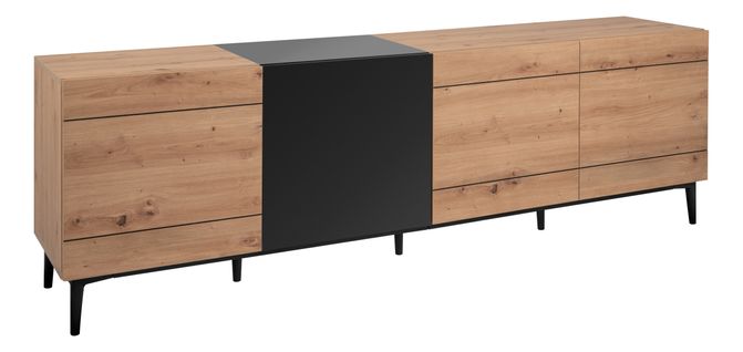 Buffet Nola - Décor Chene Et Noir - 4 Portes - L 200 X P 42 X H 65 Cm