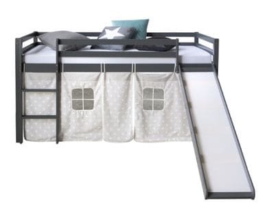 Lit Mezzanine Gris Pour Enfants Avec Echelle Rideaux En Tissu Et Rideaux En Etoile 90 X 200 Cm