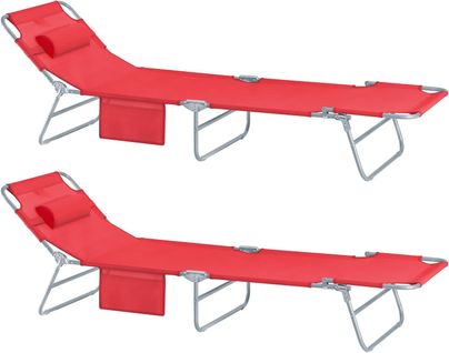 Longues Bains De Soleil Transats De Jardin Pliant Chaises De Camping Inclinables, Rouge, Ogs35-rx2