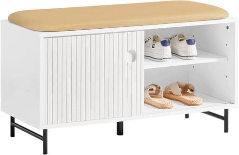 Banc À Chaussures, Banc De Rangement, Meuble Bas Entrée Sur Pieds Avec Coussin Rembourré, Fsr116-w