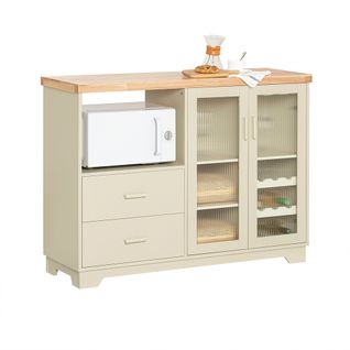 Placard De Cuisine Avec 2 Portes Vitrées, Meuble Micro-ondes, 120 X 40 X 90 Cm, Beige, Fsb81-mi