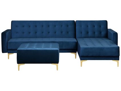 Canapé Angle Gauche Convertible En Velours Bleu Marine 4 Places Avec Pouf Aberdeen