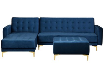 Canapé Angle Droite Convertible En Velours Bleu Marine 4 Places Avec Pouf Aberdeen