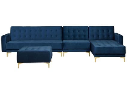 Canapé Angle Gauche Convertible Velours Bleu Marine 5 Places Avec Pouf Aberdeen