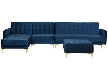 Canapé Angle Droite Convertible Velours Bleu Marine 5 Places Avec Pouf Aberdeen