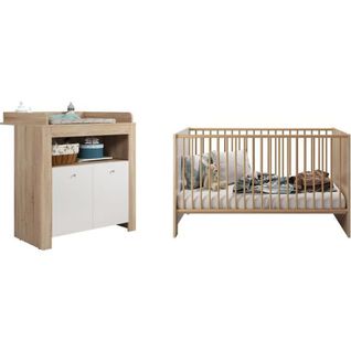 Chambre Bébé Duo Pia - Lit 70x140 Cm + Commode A Langer 2 Portes - Décor Chene Sonoma Et Blanc Mat