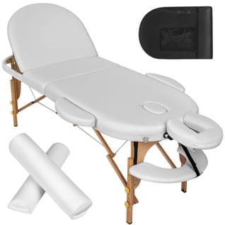 Table De Massage Ovale 3 Zones Avec Rembourrage De 5cm Et Châssis En Bois Et Rouleaux - Blanc