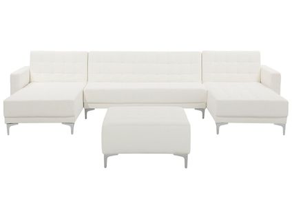 Canapé Panoramique Convertible En Cuir Pu Blanc 5 Places Avec Pouf Aberdeen