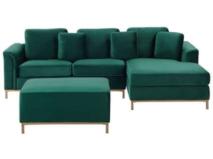 Canapé Angle à Gauche En Velours Vert 4 Places Avec Pouf Oslo